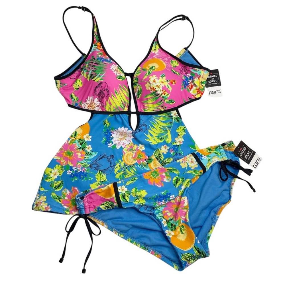 Bar III Floral Cutout Tankini Bikini Set in Pink & Blue